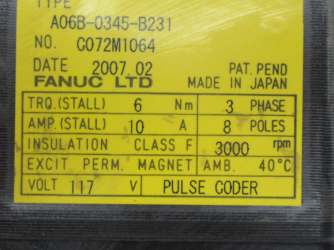 Fanuc A06B-0345-B231 AC Servo Motor 3000RPM 117V 6Nm 10A SHELF WEAR NOP