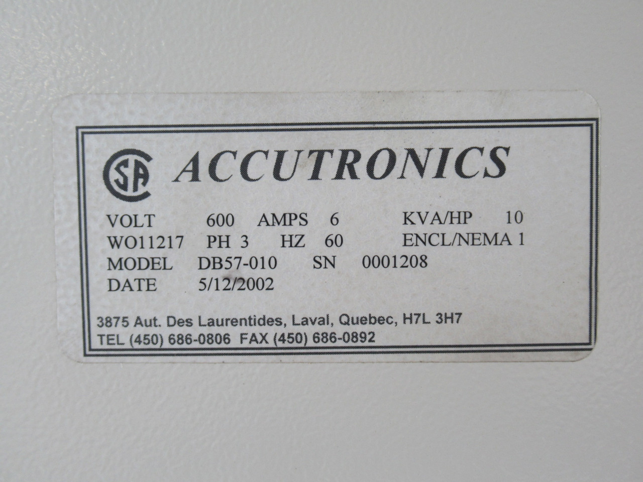Accutronics DB57-010 Dynamic Brake Resistor 10HP 600V 6A 3Ph 60Hz SHELF WEAR NOP