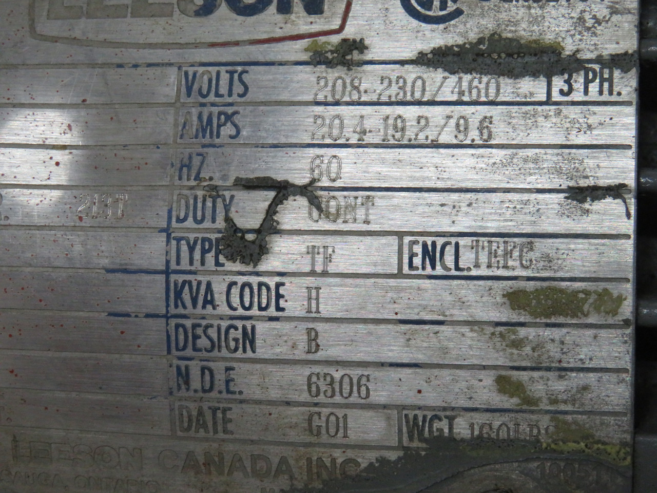 Leeson AC Motor 7.5HP 1760RPM 208-230/460V 213T TEFC 3PH 20.4-19.2/9.6A USED