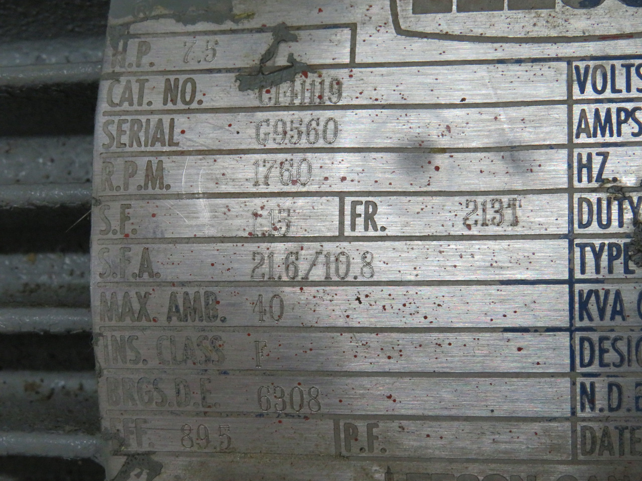 Leeson AC Motor 7.5HP 1760RPM 208-230/460V 213T TEFC 3PH 20.4-19.2/9.6A USED