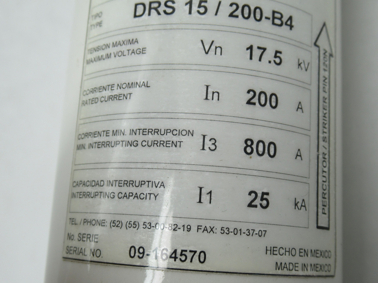 Driwisa DRS-15/200-B4 High Voltage Current Limiting Fuse 200A 17.5kV USED