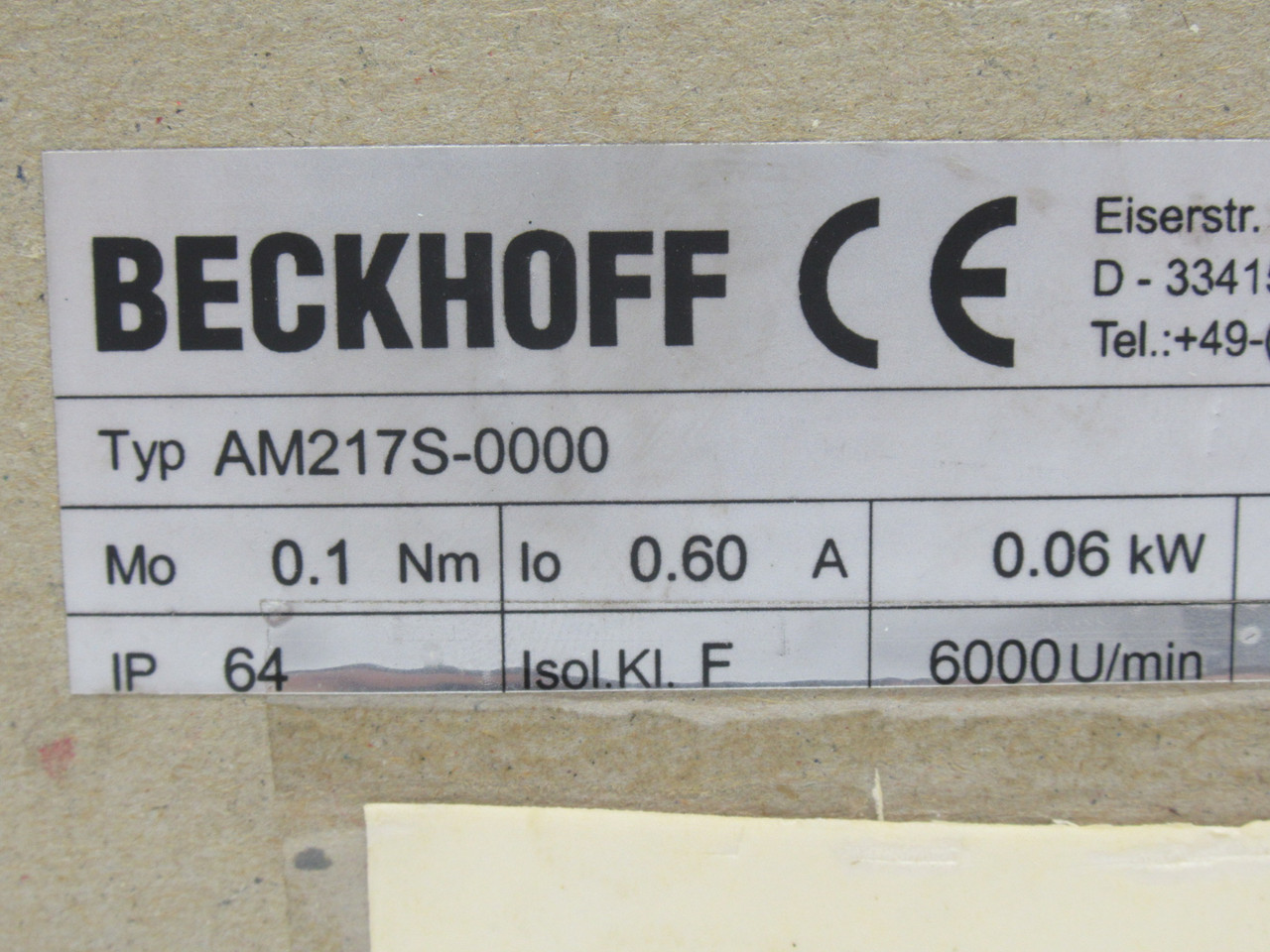 Beckhoff AM217S-0000 Servo Motor 0.06kW 6000rpm 0.1Nm 0.6A SHELF WEAR NEW