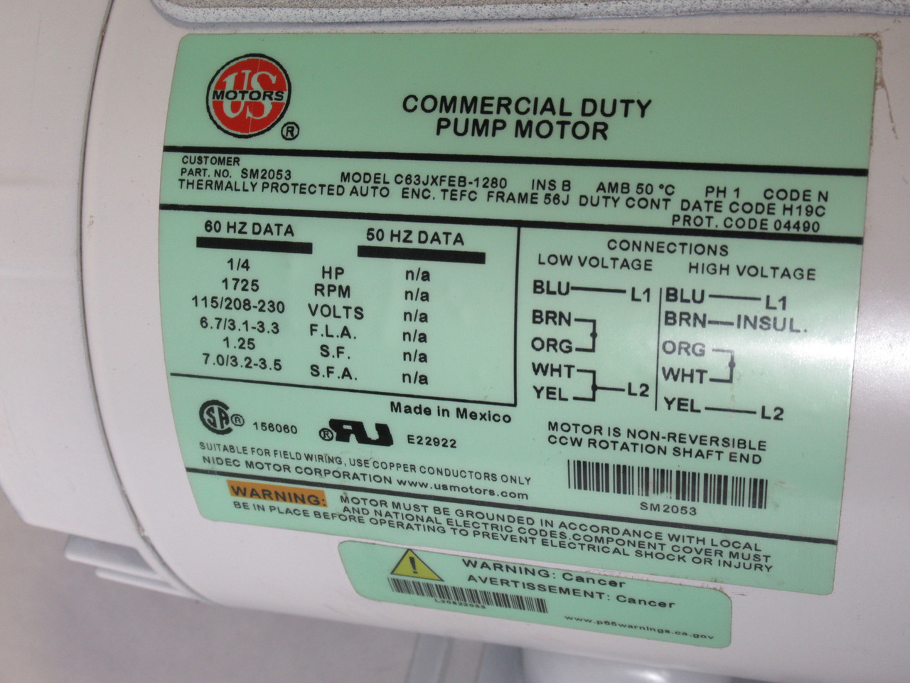 US Motors 1/4HP 1725RPM 115/208-230V 56J TEFC 1PH 60Hz SHELF WEAR NOP