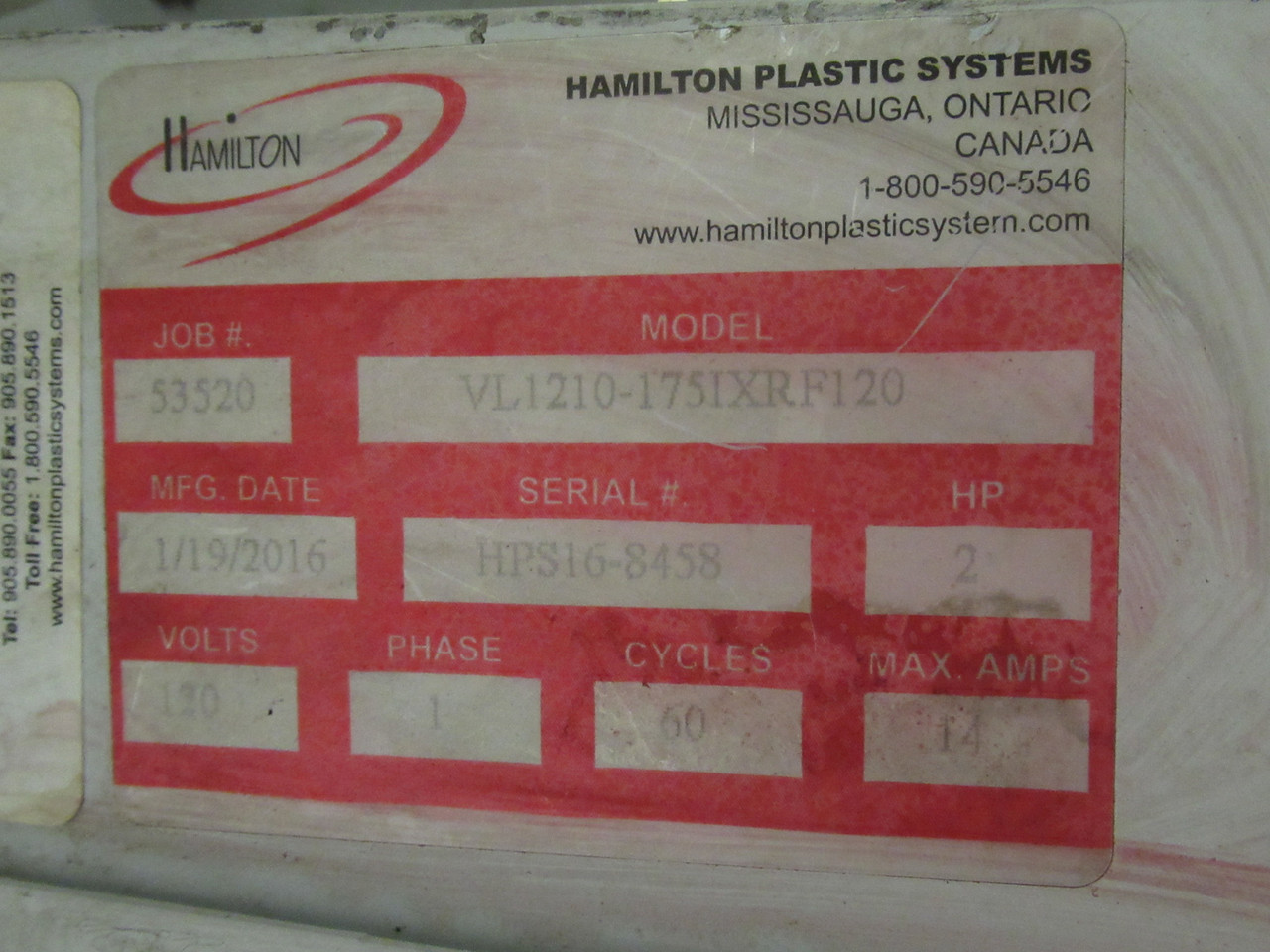 Hamilton Plastic Systems VL1210-175IXRF120 Material Loader 2HP 120V 1Ph USED