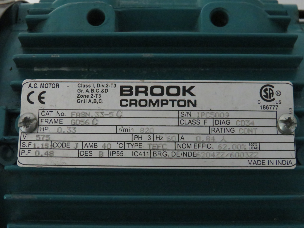 Brook Crompton 0.33HP 820RPM 575V GD56C TEFC 3Ph 0.84A SHELF WEAR USED