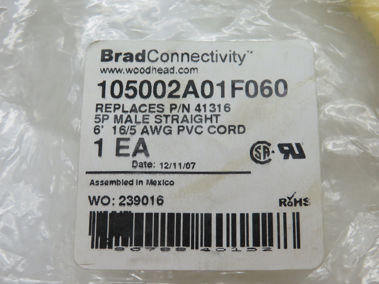 Brad Harrison 105002A01F060 Mini Change Cord 5P Male 6' 16/5AWG HOLEY NWB