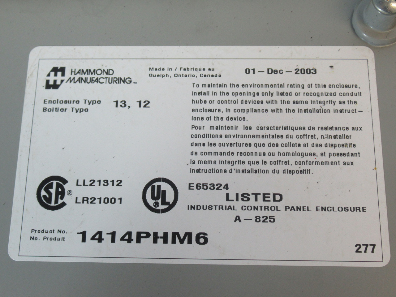 Hammond 1414PHM6 Steel Enclosure w/Hinged Cover 14x12x6" NO INNER PANEL USED