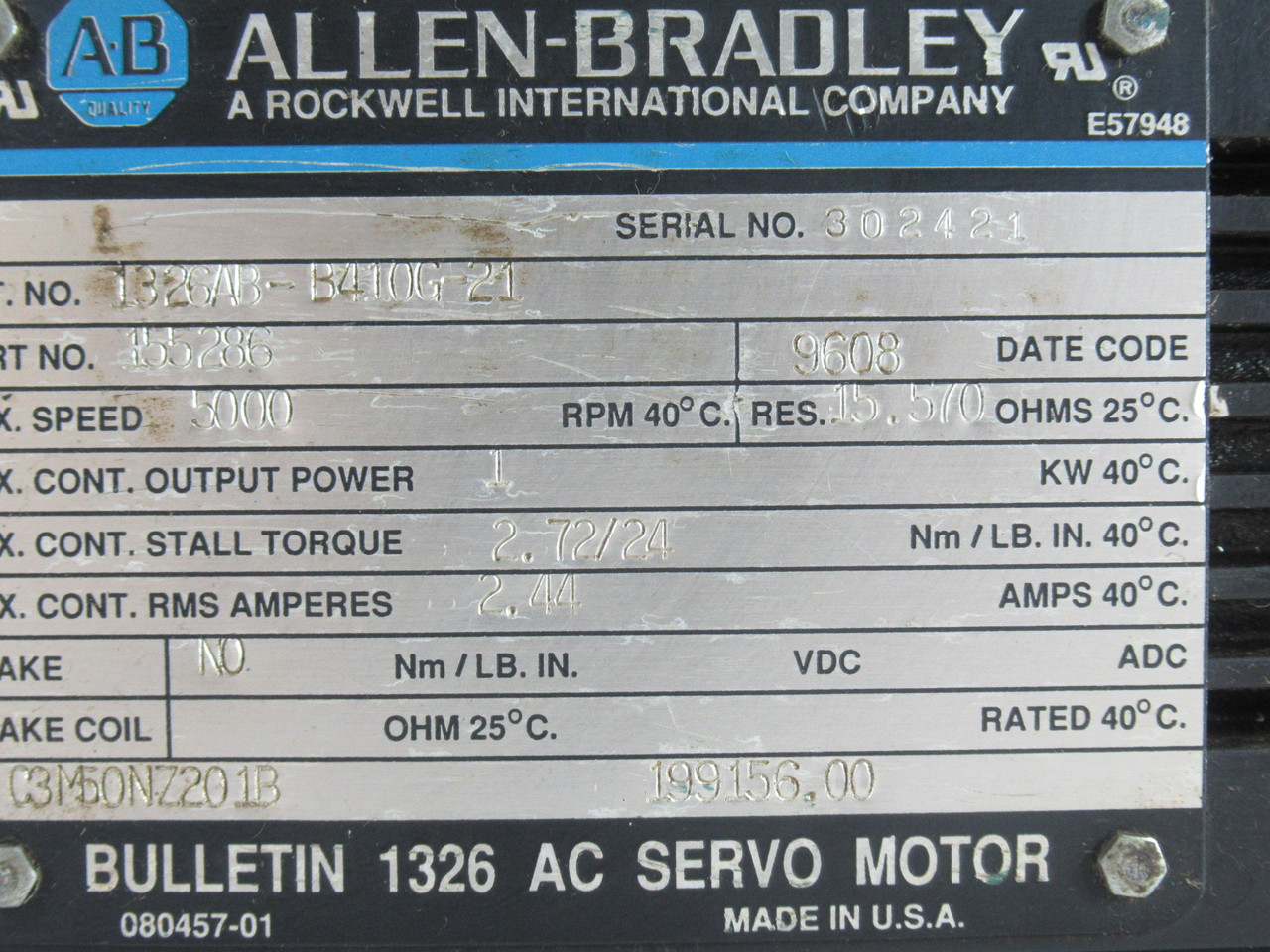 Allen-Bradley 1326AB-B410G-21 Servo Motor 1kW 5000RPM C/W Gearhead 30:1 USED