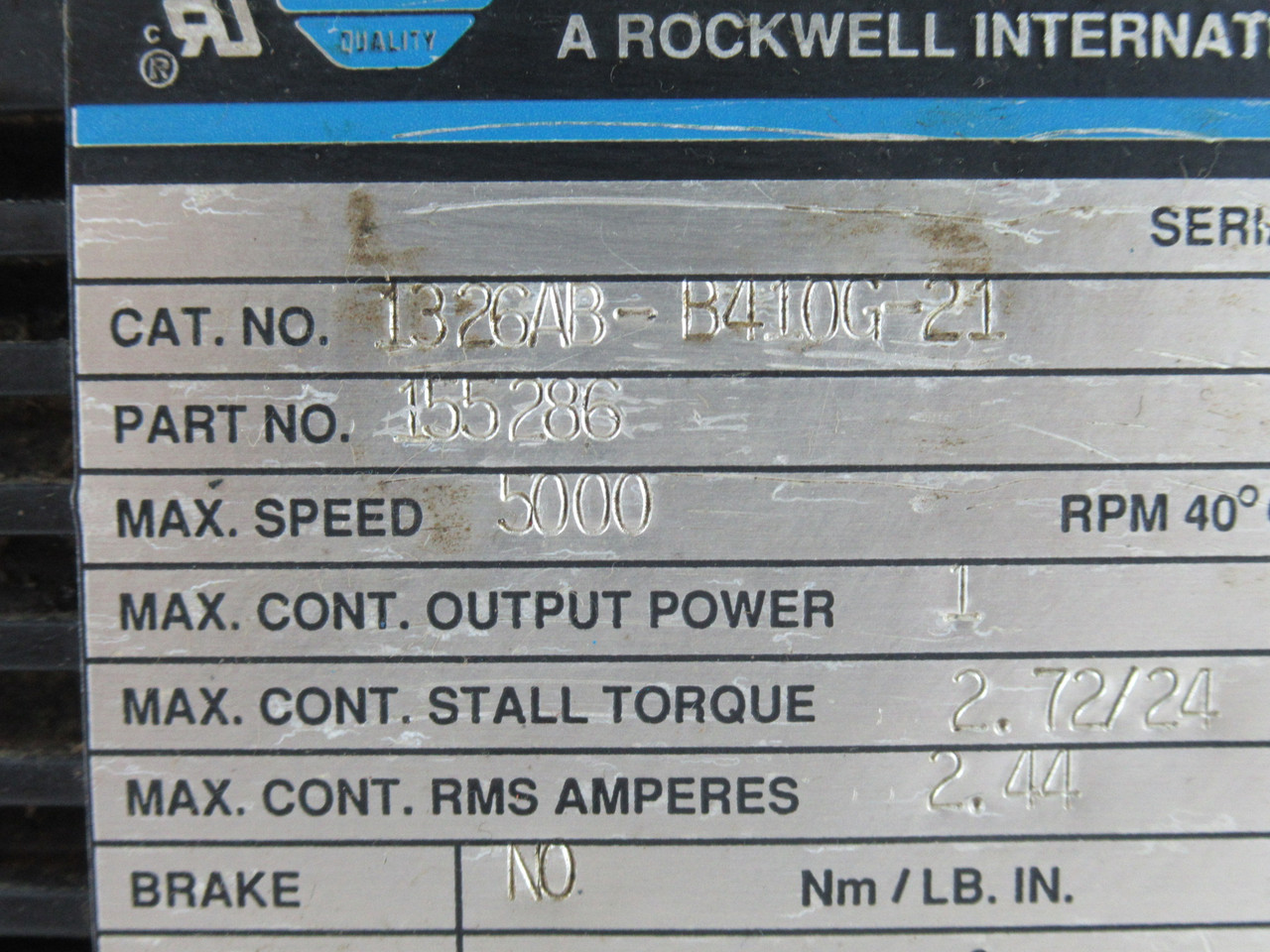 Allen-Bradley 1326AB-B410G-21 Servo Motor 1kW 5000RPM C/W Gearhead 30:1 USED