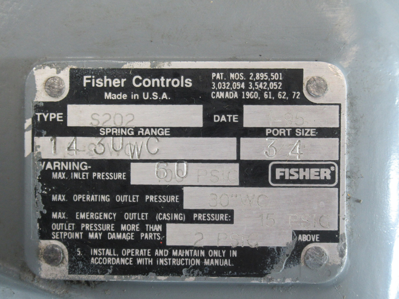 Fisher S202 Gas Regulator 14-30 WC 3/4" Port 60 psig Max Inlet Pressure USED