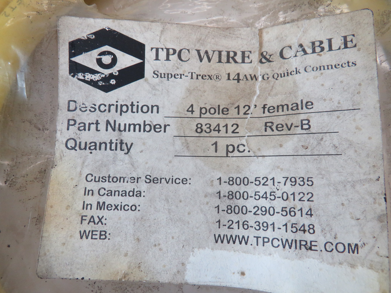 TPC Wire & Cable 83412 4 Pole Female Cordset 12' Length OPEN/DIRTY NWB