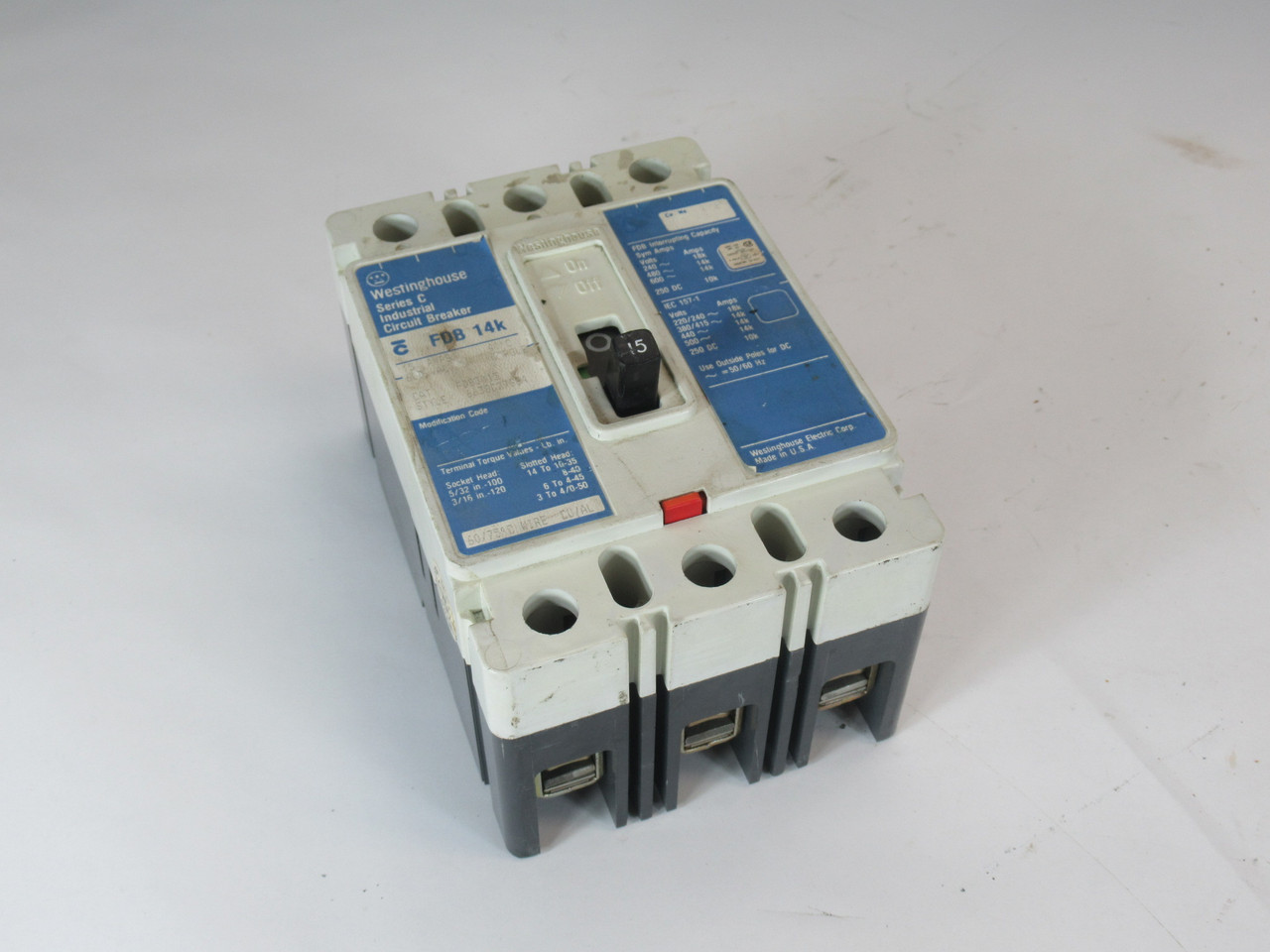 Westinghouse FDB3015 Molded Case Circuit Breaker 15A 600V 3-Pole USED