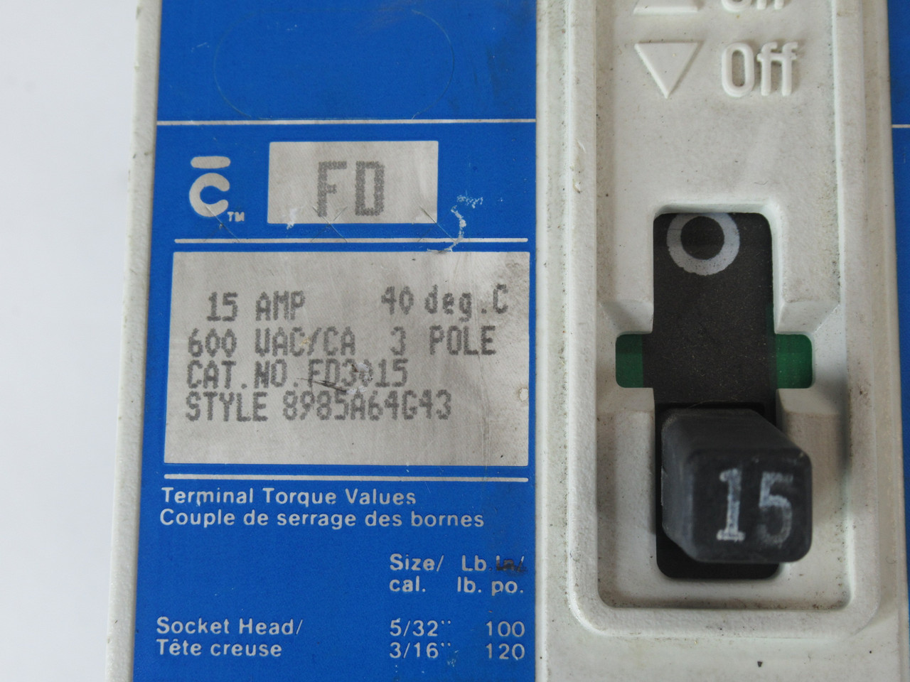 Westinghouse FD3015 Molded Case Circuit Breaker 15A 600V 3P MISSING LUGS USED