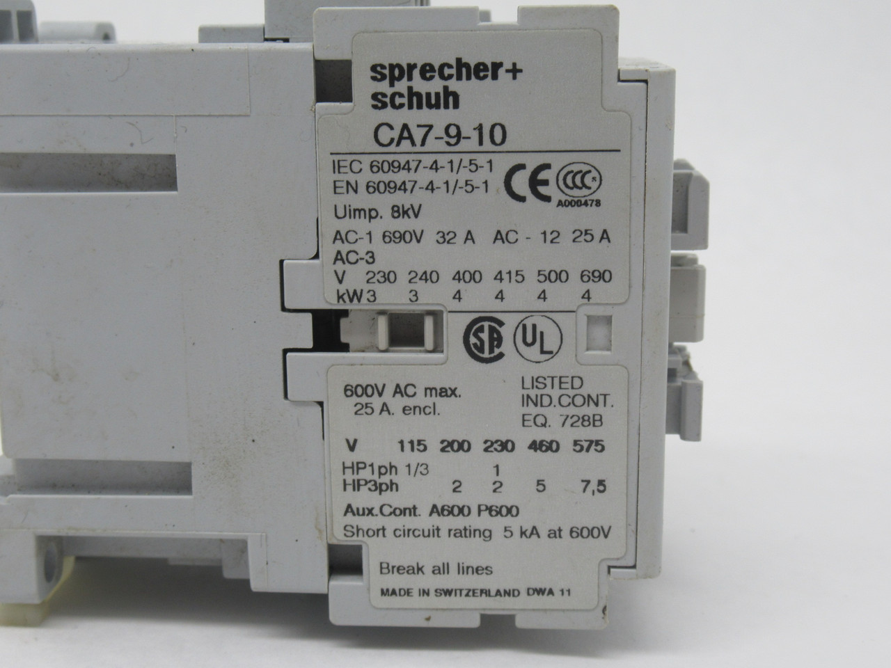 Sprecher + Schuh CA7-9-10-120 Contactor AC-3 9A 110/120 50/60Hz 3-Pole 1NO USED