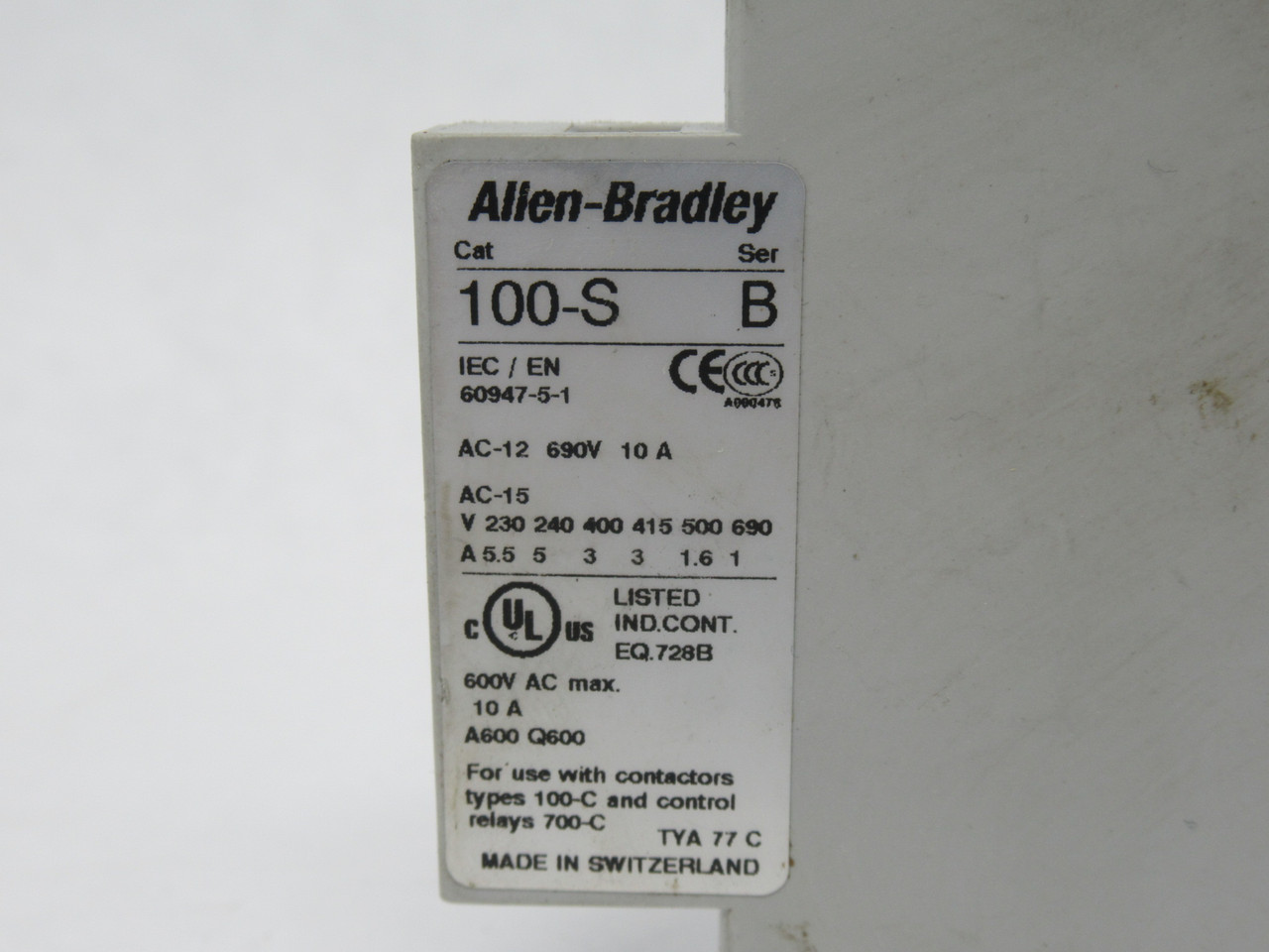 Allen-Bradley 100-SA11 Series B Auxiliary Contact Block 600V 10A 1NO 1NC USED