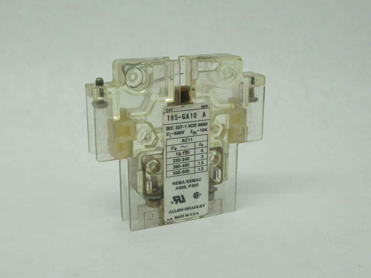 Allen-Bradley 195-GA10 Series A Auxiliary Contact Adder Deck 600V 10A 1NO USED