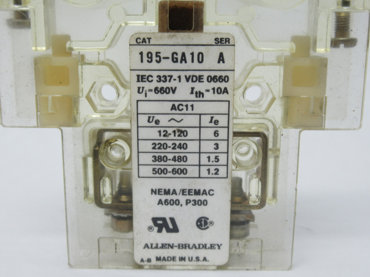 Allen-Bradley 195-GA10 Series A Auxiliary Contact Adder Deck 600V 10A 1NO USED