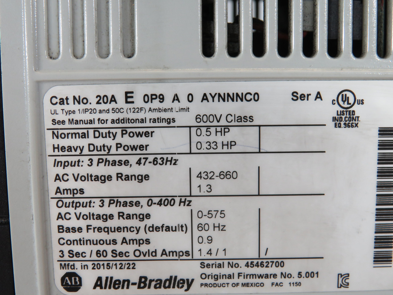 Allen-Bradley 20AE0P9A0AYNNNC0 Ser A AC Drive 3Ph 47-63Hz 432-660VAC 1.3A USED