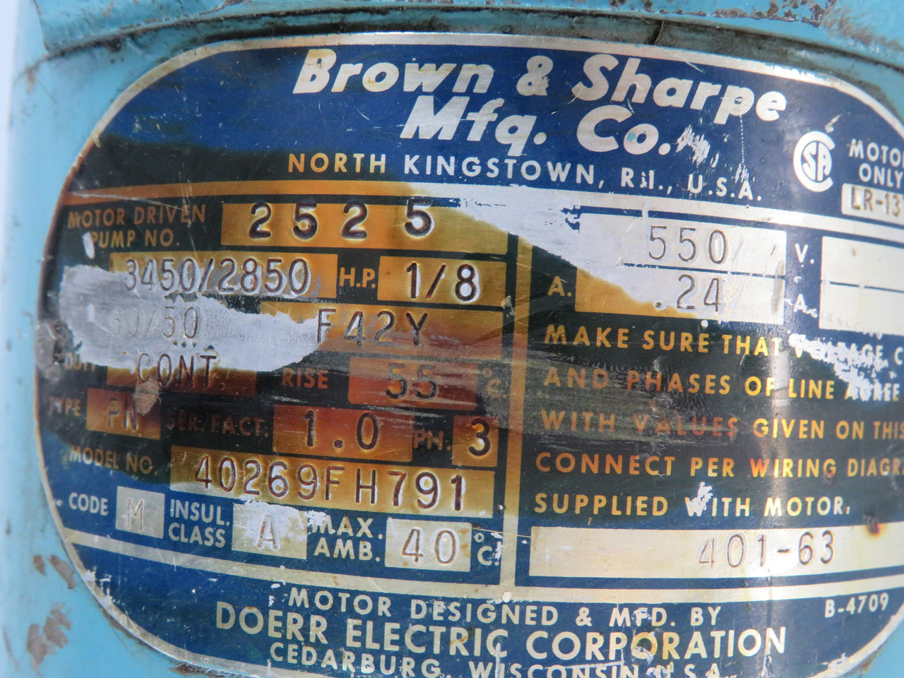 Brown & Sharpe 2525 Centrifugal Pump c/w Doerr Motor 1/8HP CUT MOUNT USED