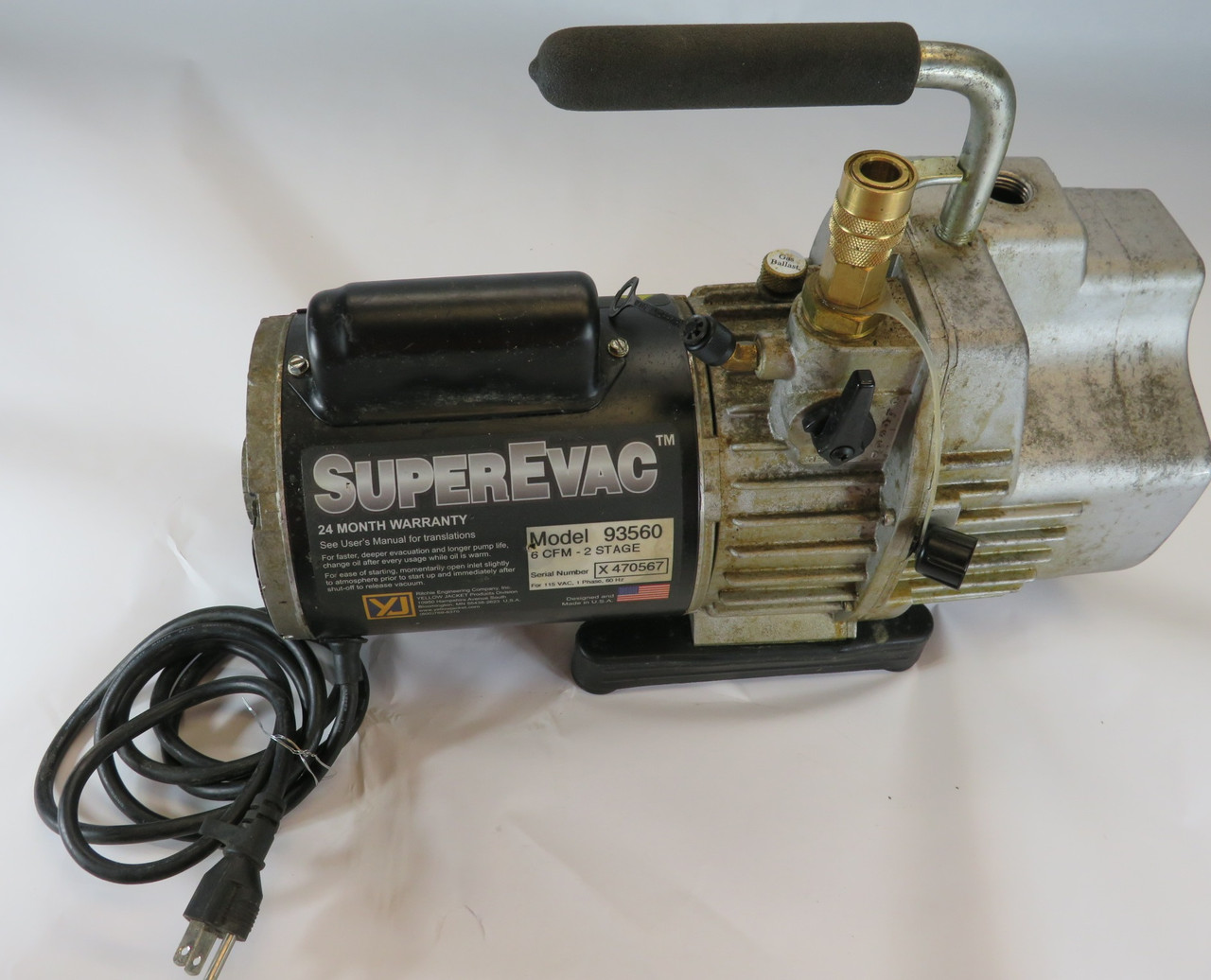 Yellow Jacket 93560 SuperVac Vacuum Pump 6cfm 2 Stage 115VAC 1Ph 60Hz USED