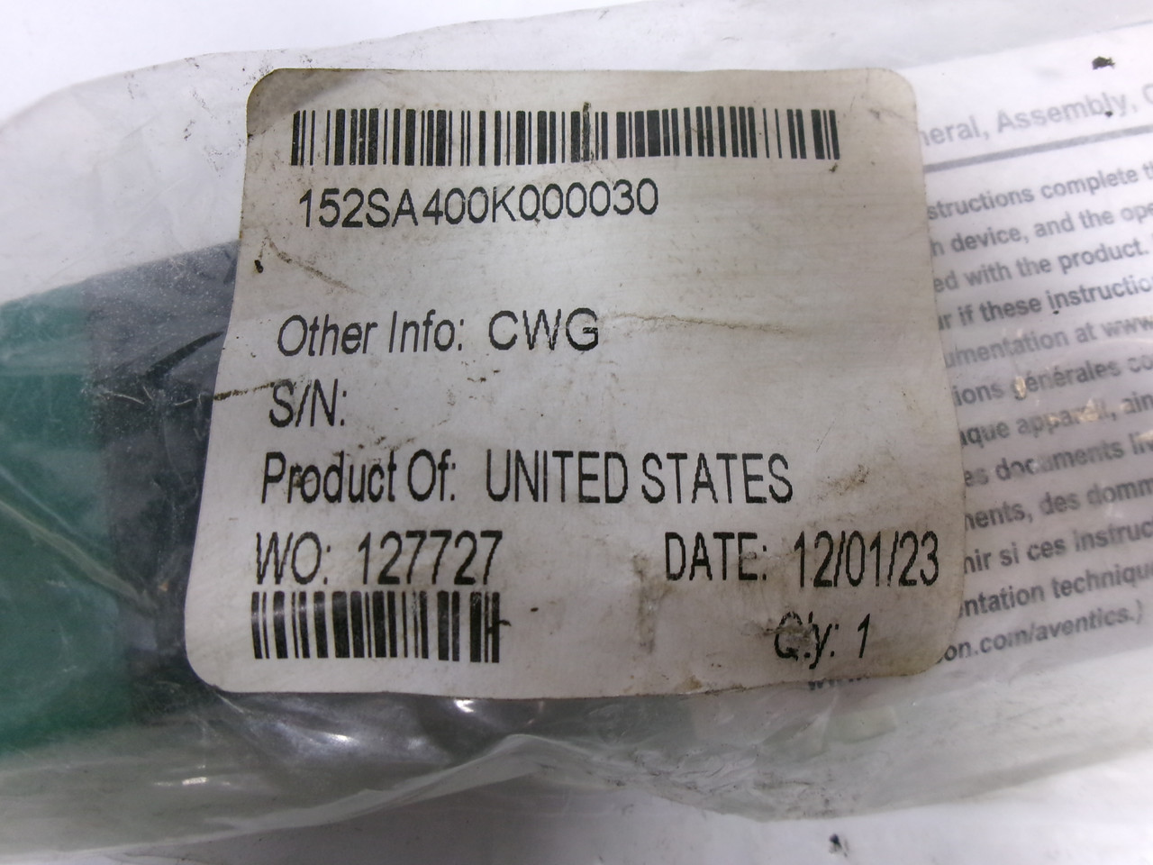 Numatics 152SA400K000030 Solenoid Valve 110/120V 50/60Hz .12A NWB
