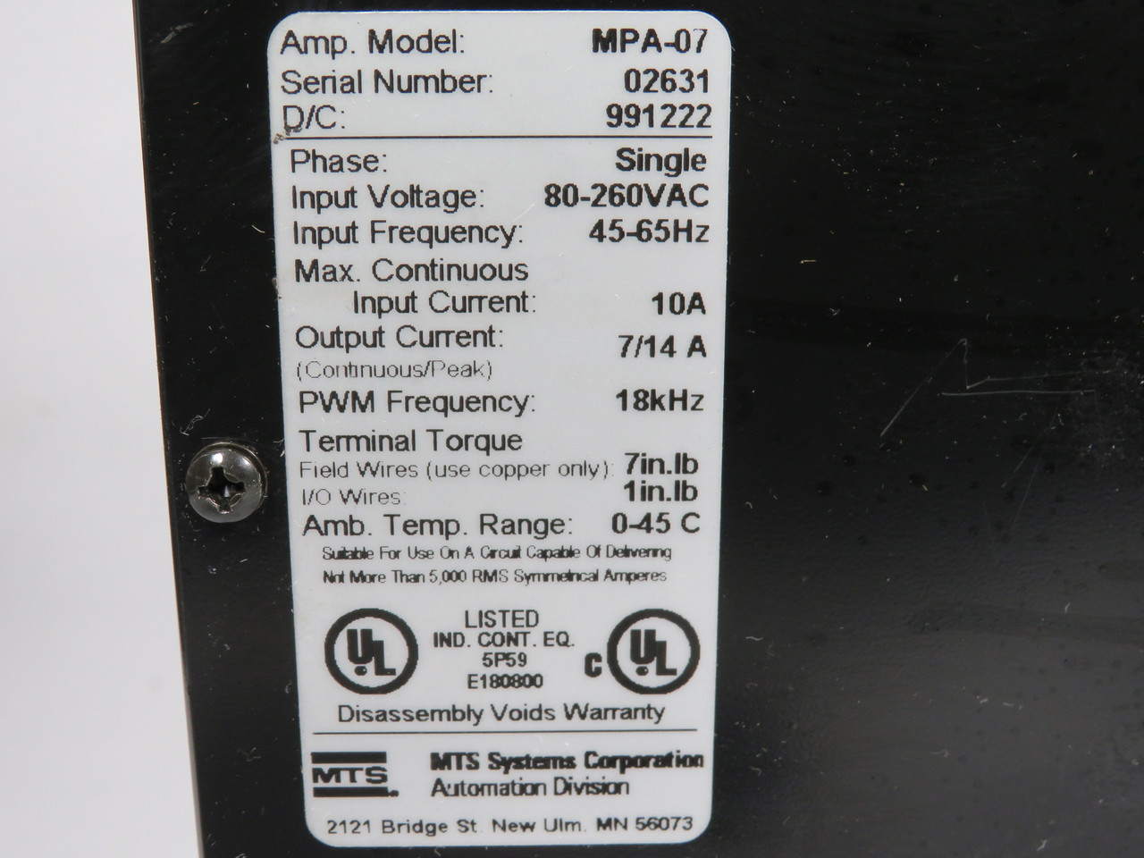 MTS MPA-07 Servo Drive 80-260VAC 45-65Hz 10A Single Phase USED