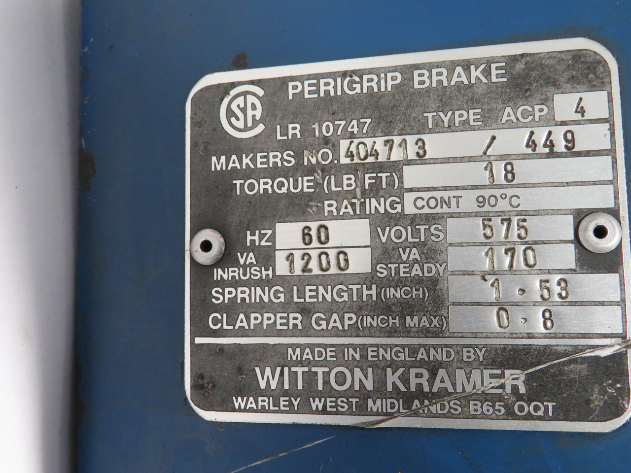 Witton Kramer ACP4 Perigrip Magnetic Brake 575V 60Hz 18lb-ft Torque NO COIL USED
