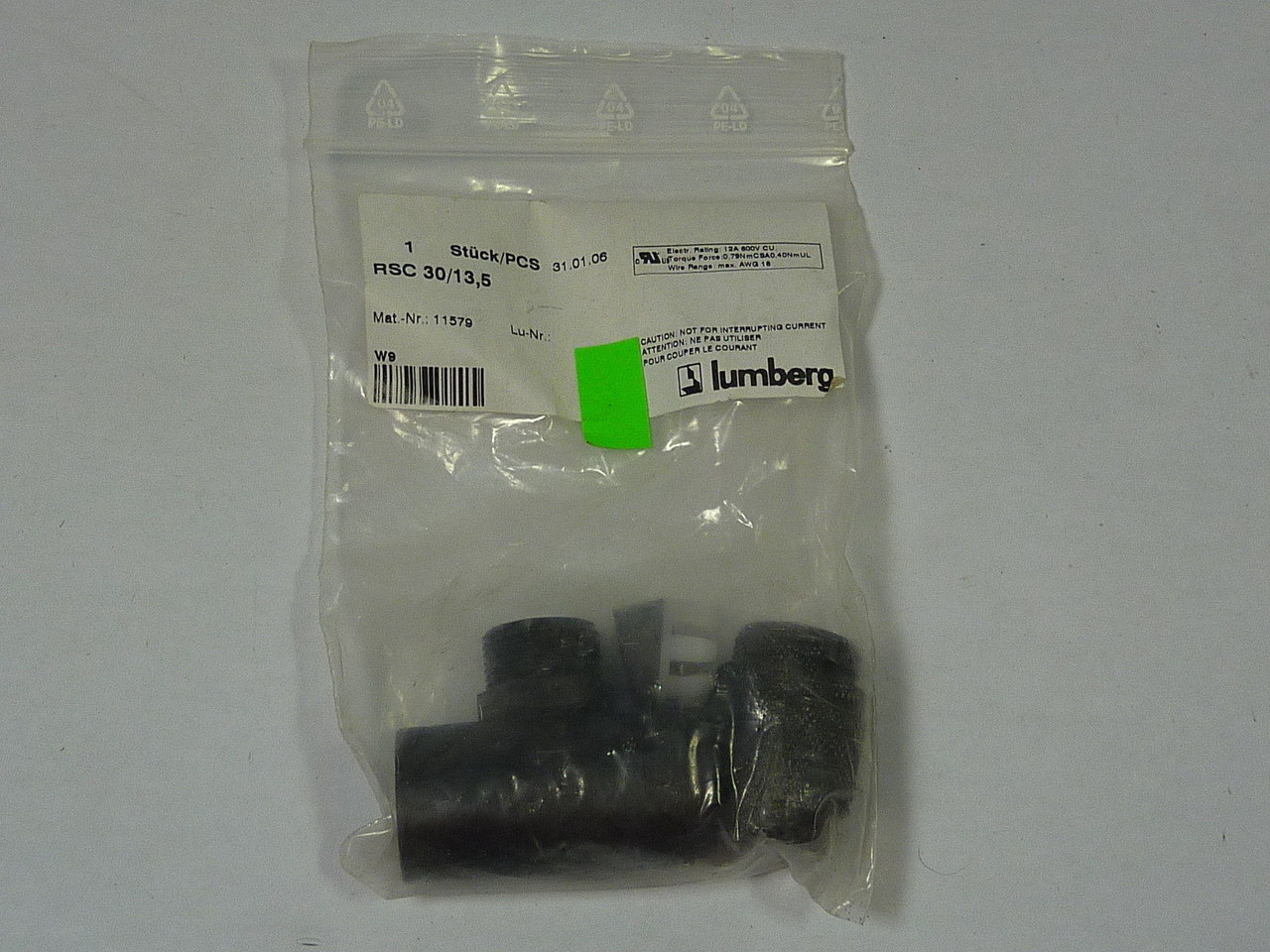 Lumberg RSC30/13.5 Male Connector 3-Pin 12A 600V NWB