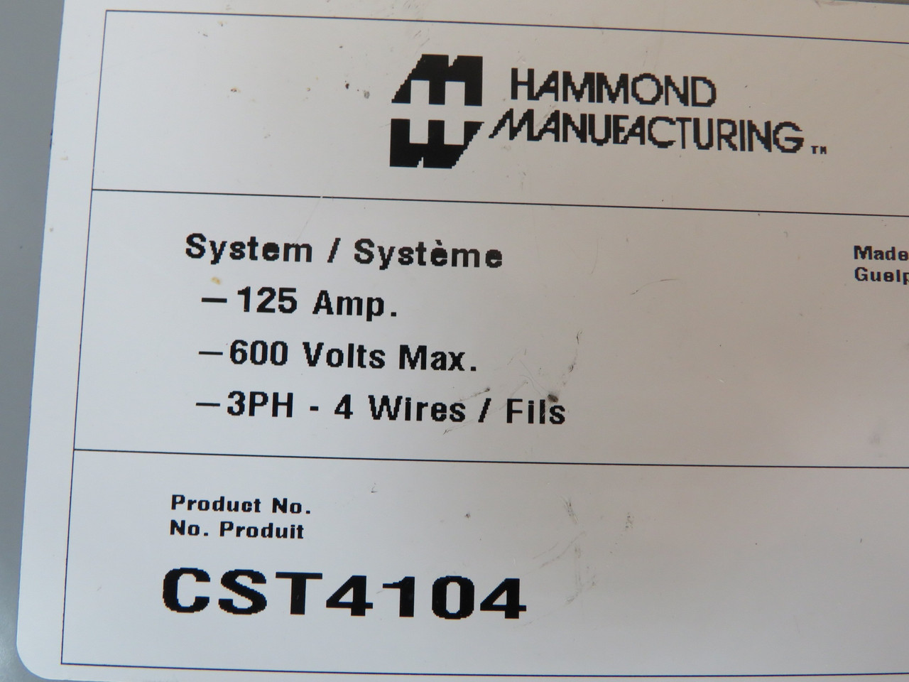 Hammond CST4104 Splitter Trough 125A 600V 4 Wire 3 Phase USED