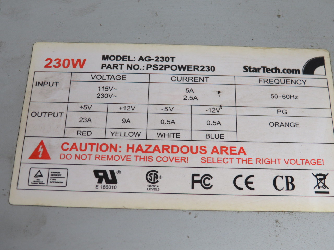 StarTech AG-230T Power Supply 115V/230VAC 5A/2.5A 50-60Hz 230W USED