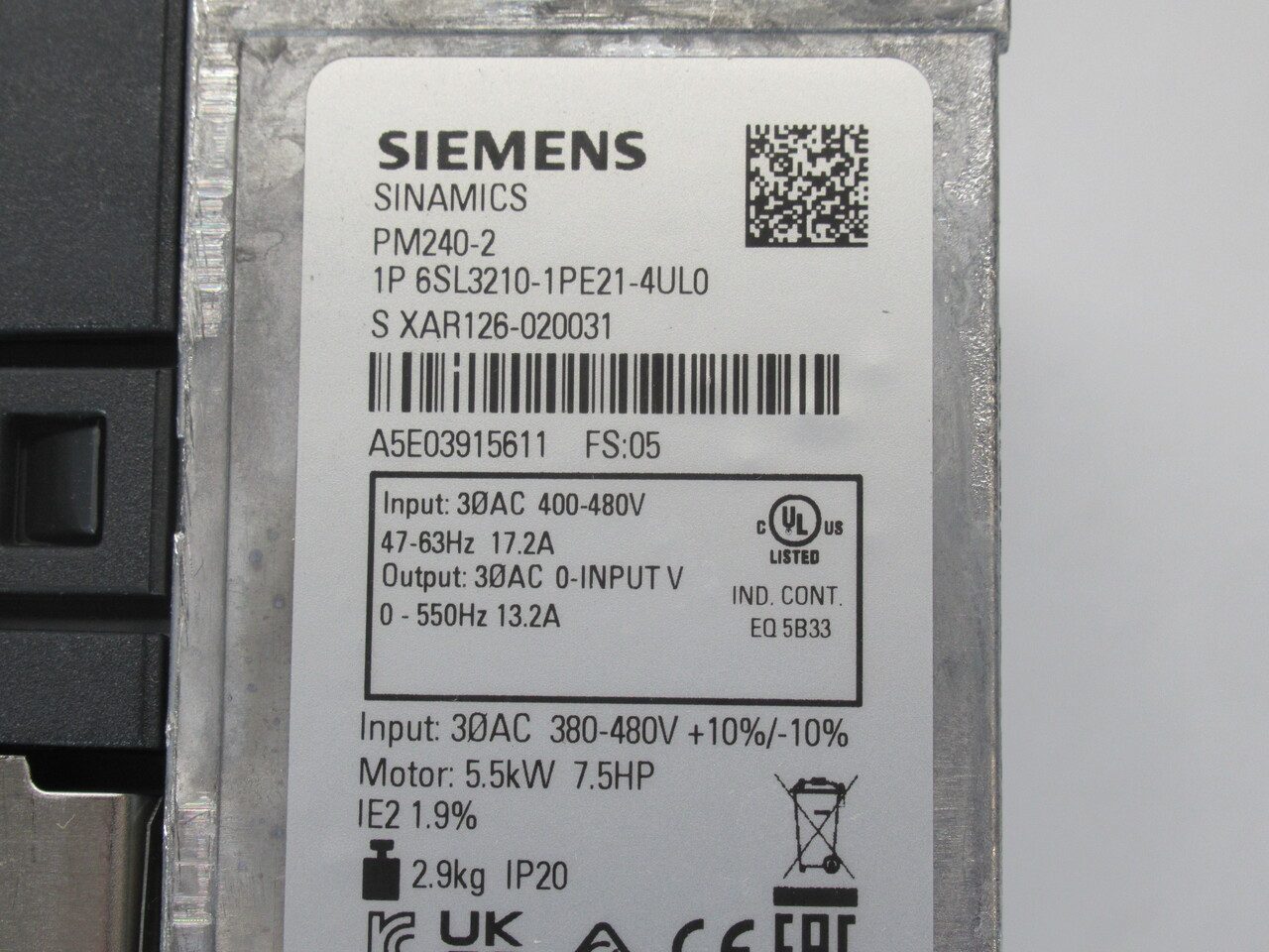 Siemens 6SL3210-1PE21-4UL0 Power Module 7.5HP 5.5kW 3Ph 0-Input V 13.2A NEW