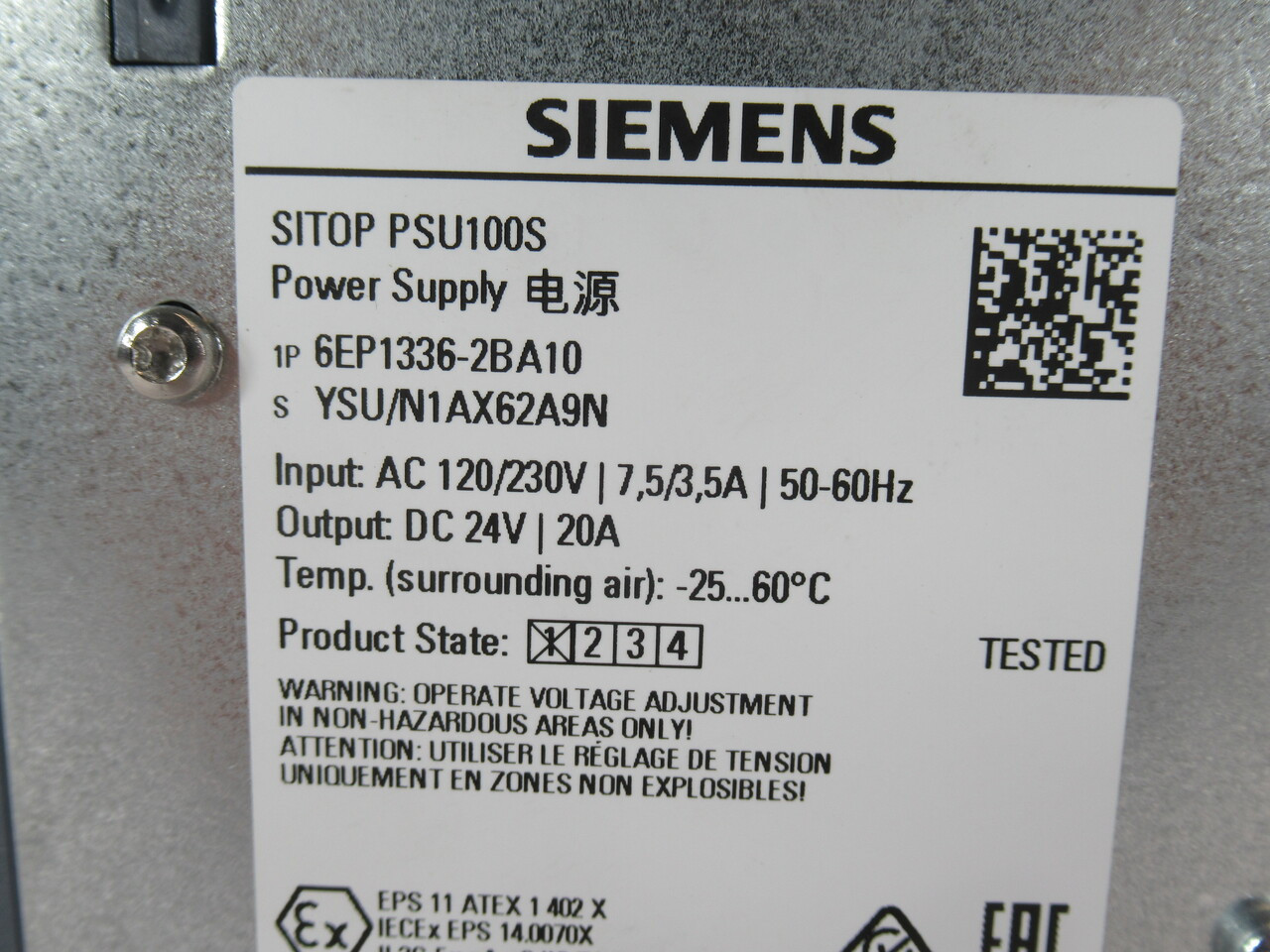 Siemens 6EP1336-2BA10 Power Supply 120/230V 7.5/3.5A 50-60Hz 24VDC 20A NEW