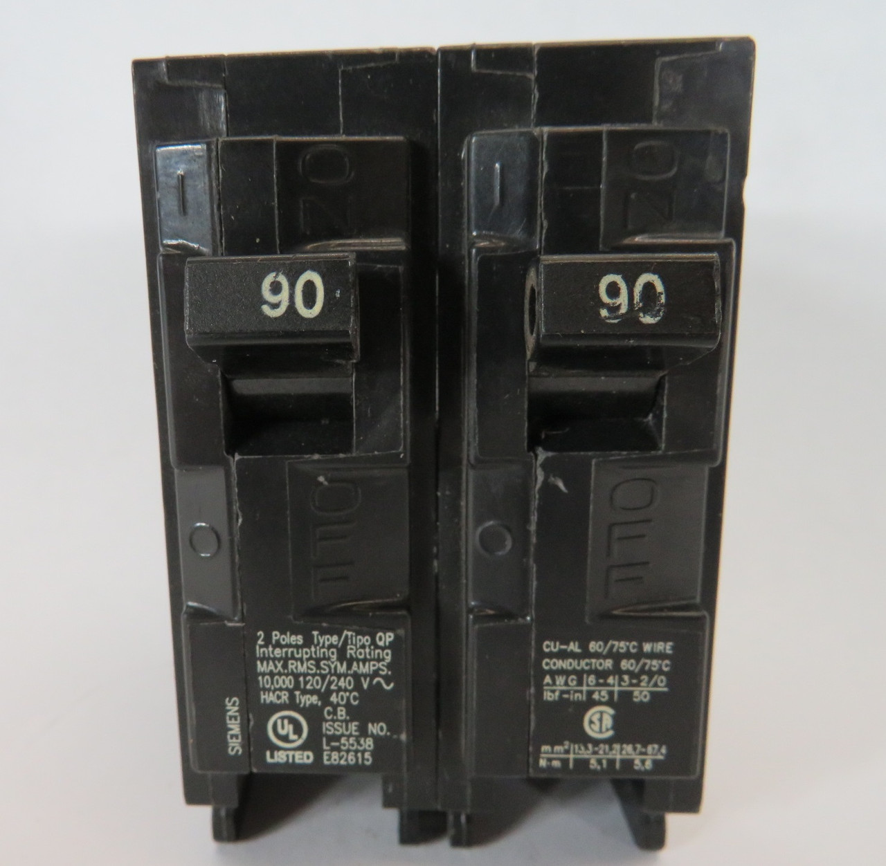 Siemens Q290 Circuit Breaker 90A 120/240VAC 60Hz 2P NO CENTER BAR USED