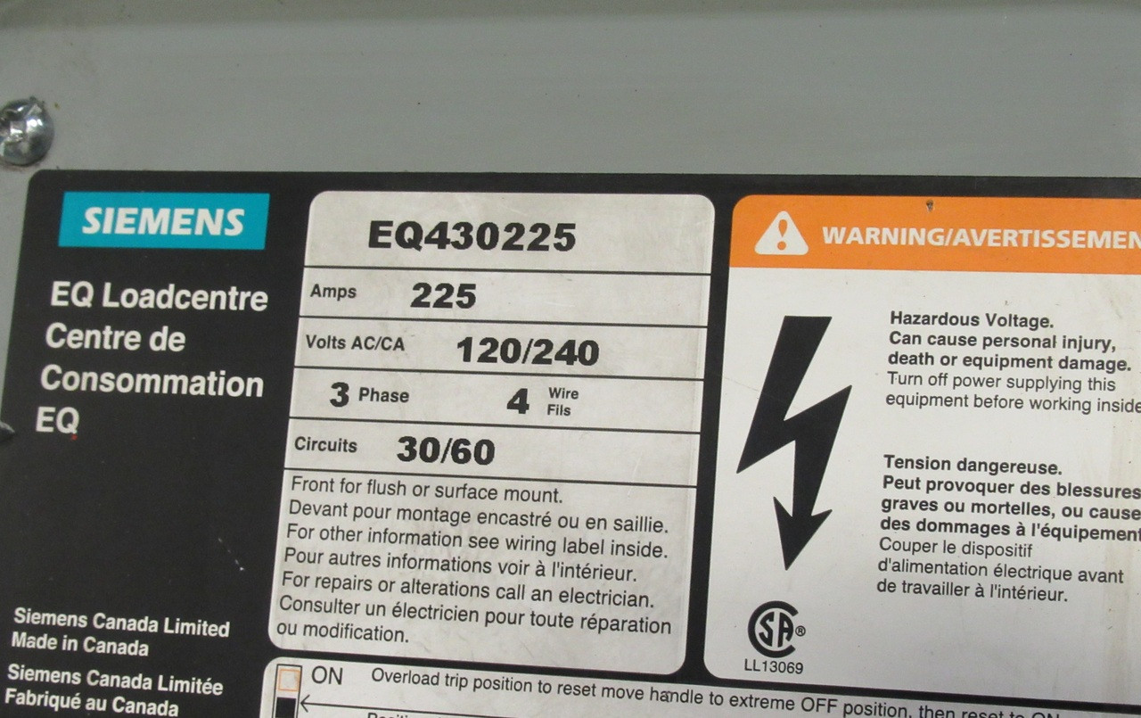 Siemens EQ430225 Load Center 225A 120/240V 3 Phase 4 Wire USED