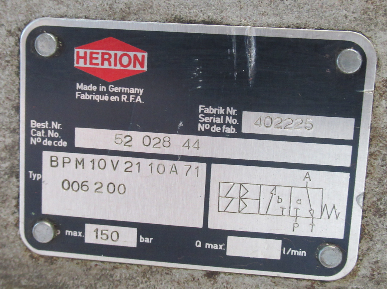 Herion BPM10V2110A71006200 52-028-44 Press Safety Valve 150 bar 24VDC R1/2 USED