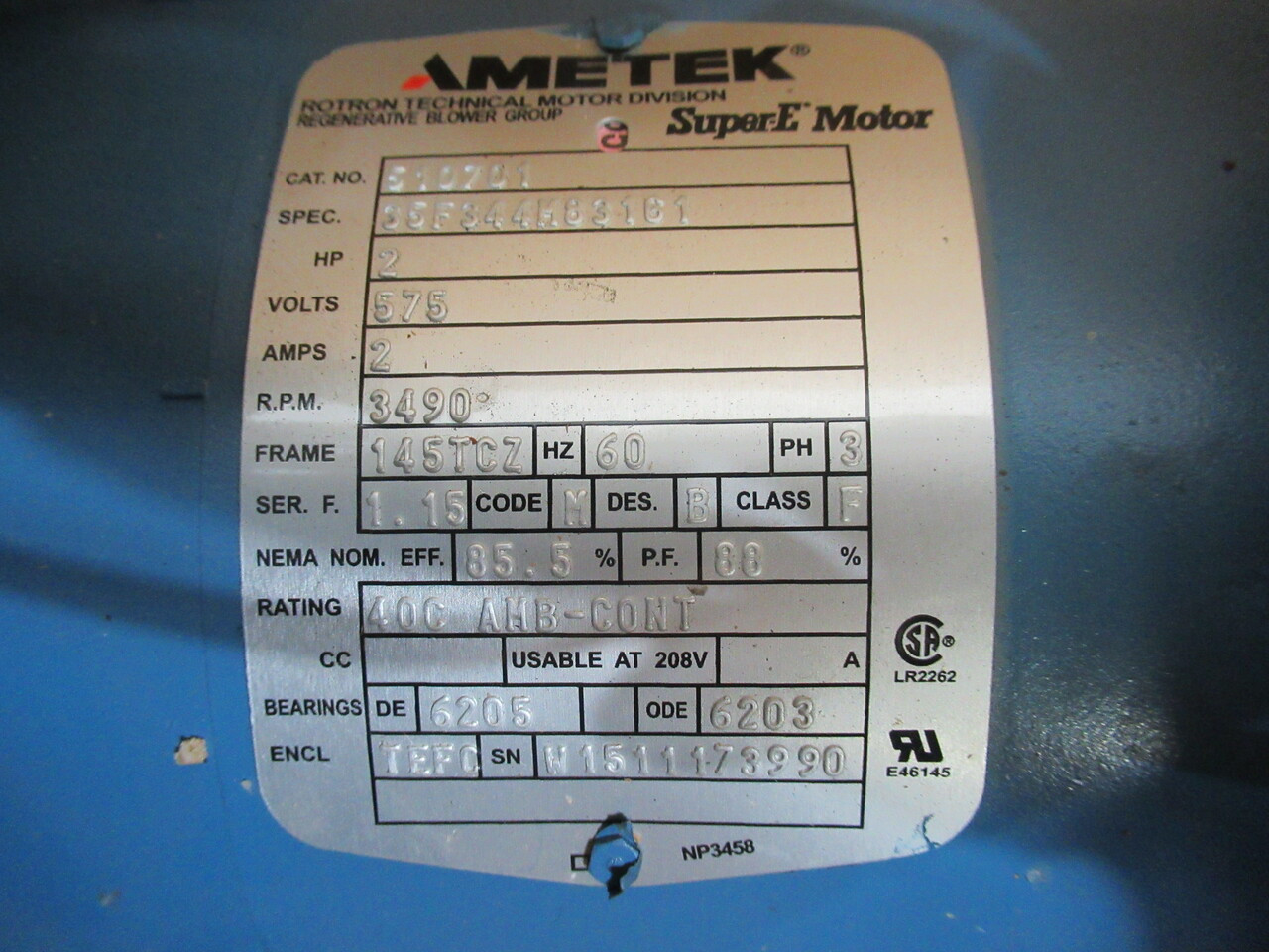 Ametek 037544 DR505AS86M Regenerative Blower 2HP 575V 3Ph SHELF WEAR NOP