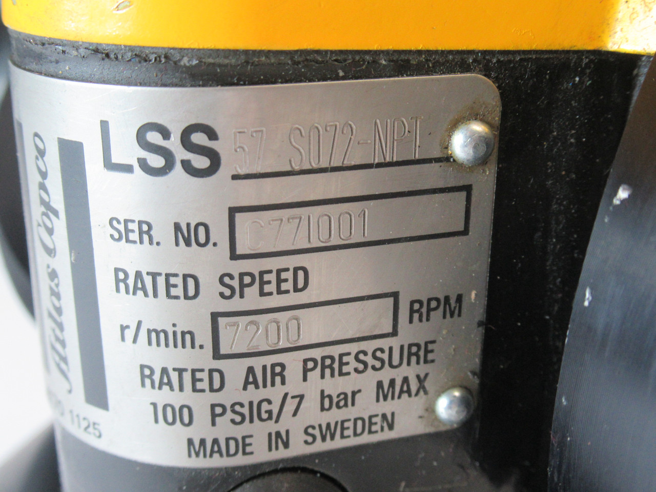 Atlas Copco LSS57S072-NPT Pneumatic Vertical Grinder 7200 rpm SHELF WEAR NOP