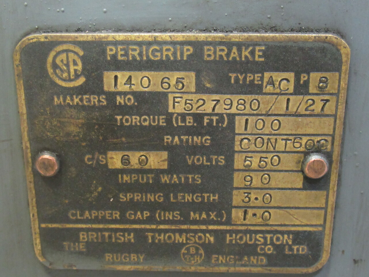BTH F527980/1/27 Type AC Perigrip Brake 100LB-FT 550V 90W 1INS Max Clapper USED