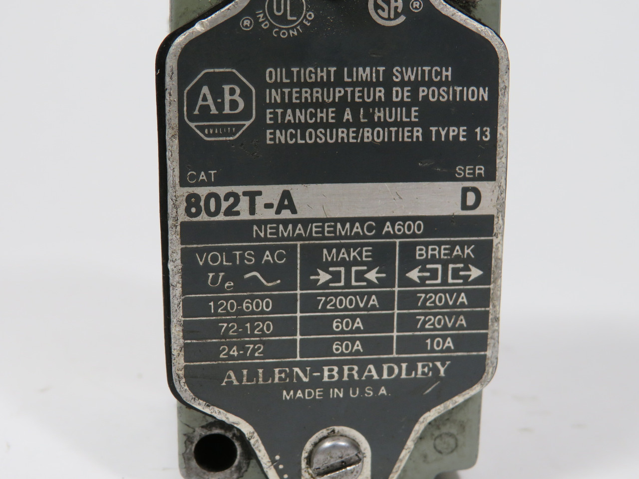 Allen-Bradley 802T-A Ser D Oiltight Limit Switch Spring-Return SHELF WEAR USED