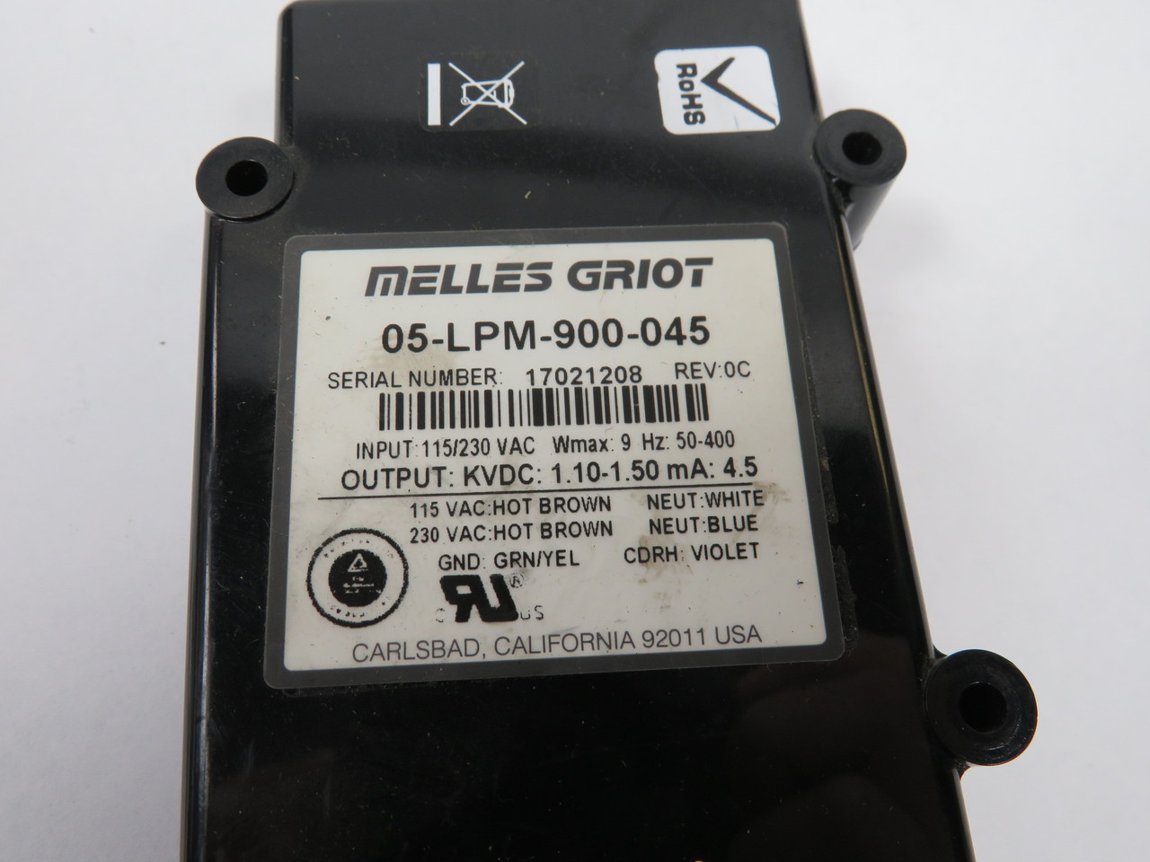 Melles Griot 05-LHP-902 Helium Neon Laser Tube C/W Power Supply 115/230VAC USED