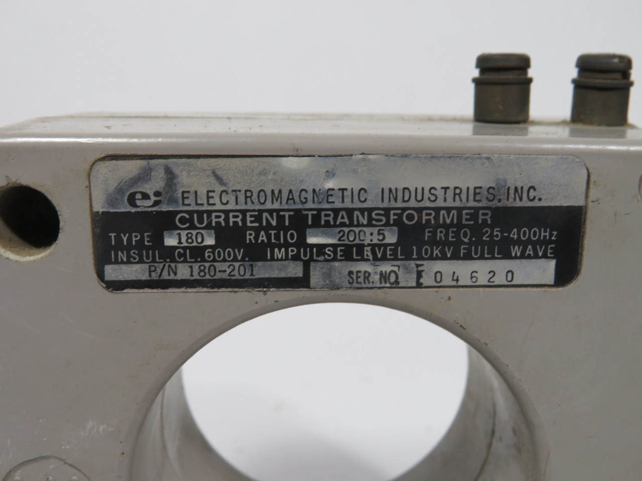 Electromagnetic Industries 180-201 Current Transformer 600V 25-400Hz 10:5 USED