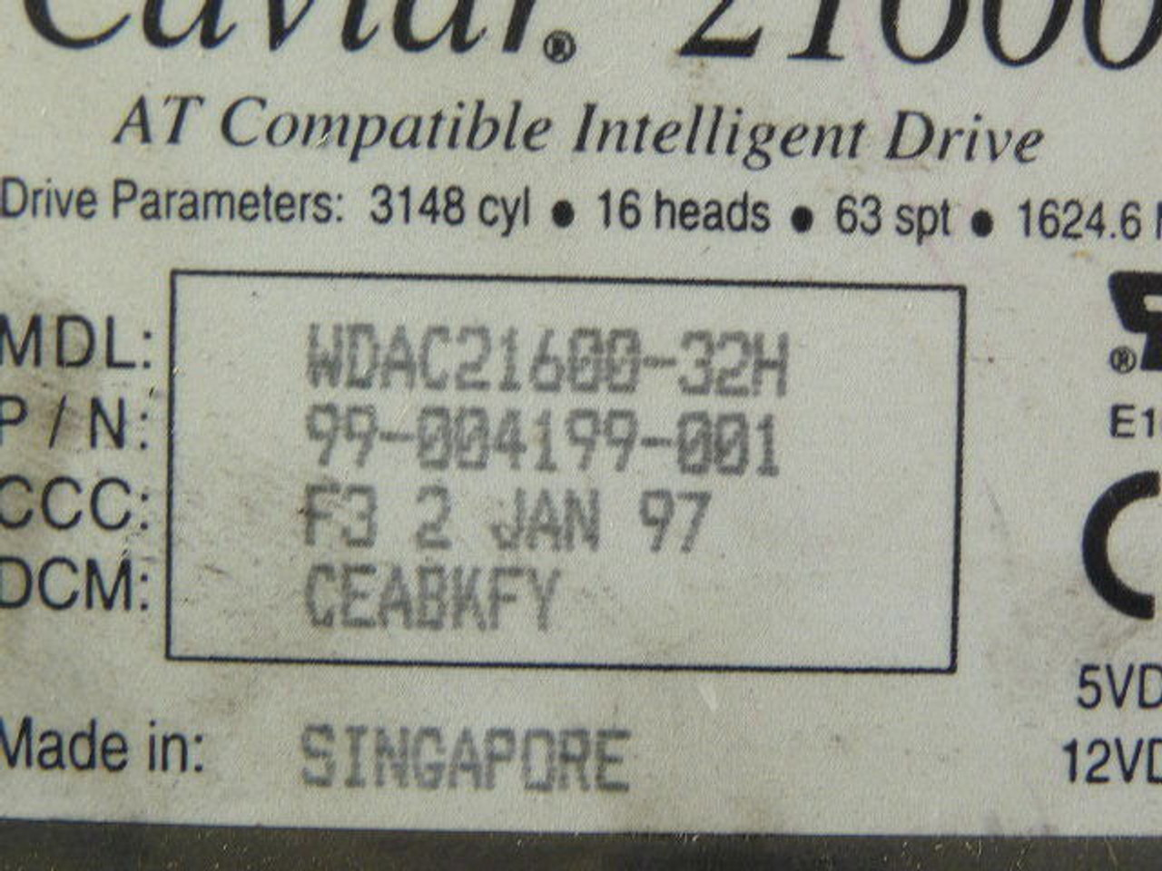 Western Digital WDAC21600-32H Caviar Hard Drive 1GB ATA/33 5200RPM 3.5" USED