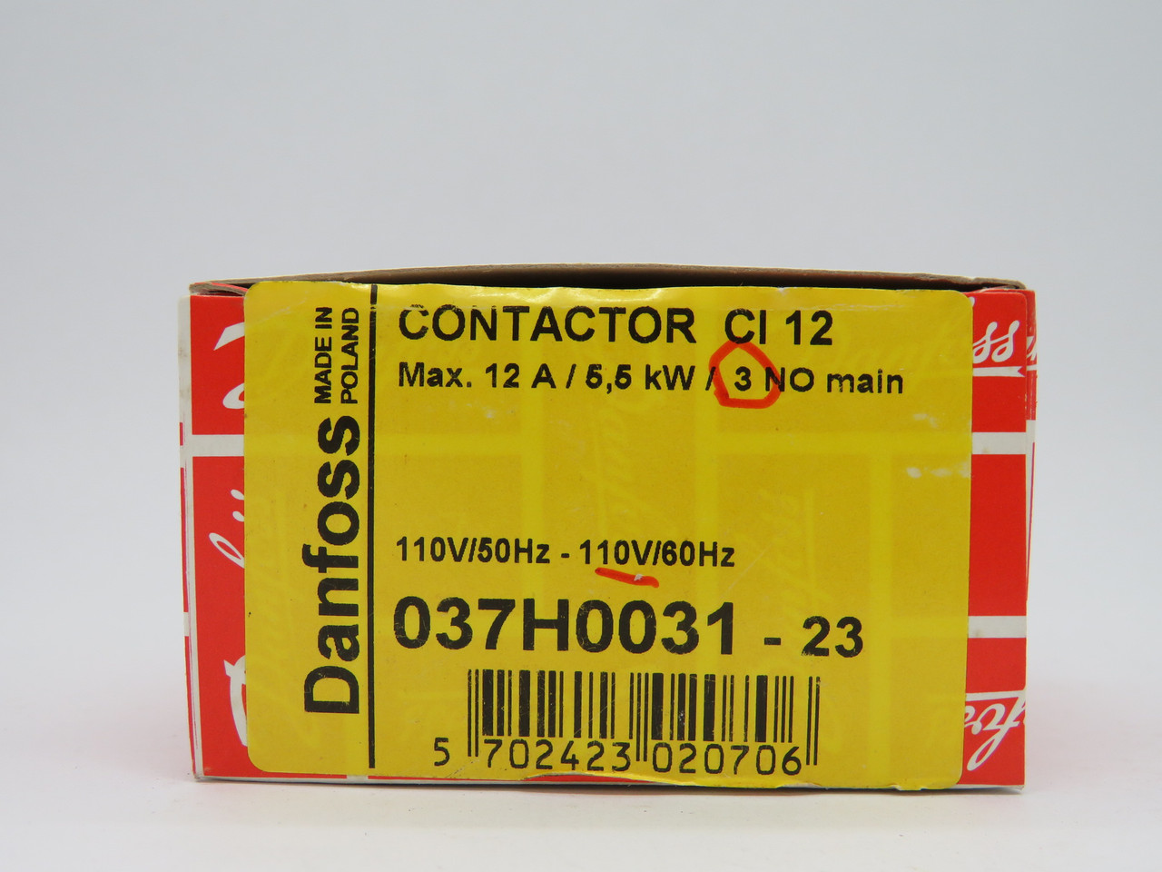 Danfoss 037H0031-23 Contactor CI 12 110V 50/60Hz 12A 3NO NEW
