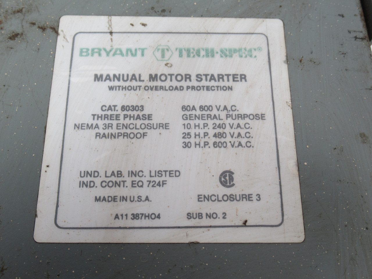 Bryant 60303 Manual Motor Starter W/O Overload Protection 600VAC 60A 3PH USED