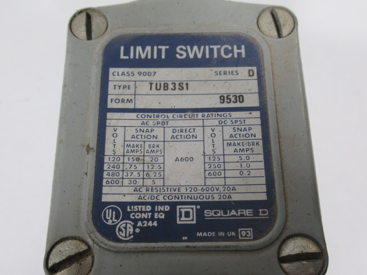 Square D 9007TUB3S1 Ser. D Limit Switch C/W Roller Lever 600VAC 20A USED
