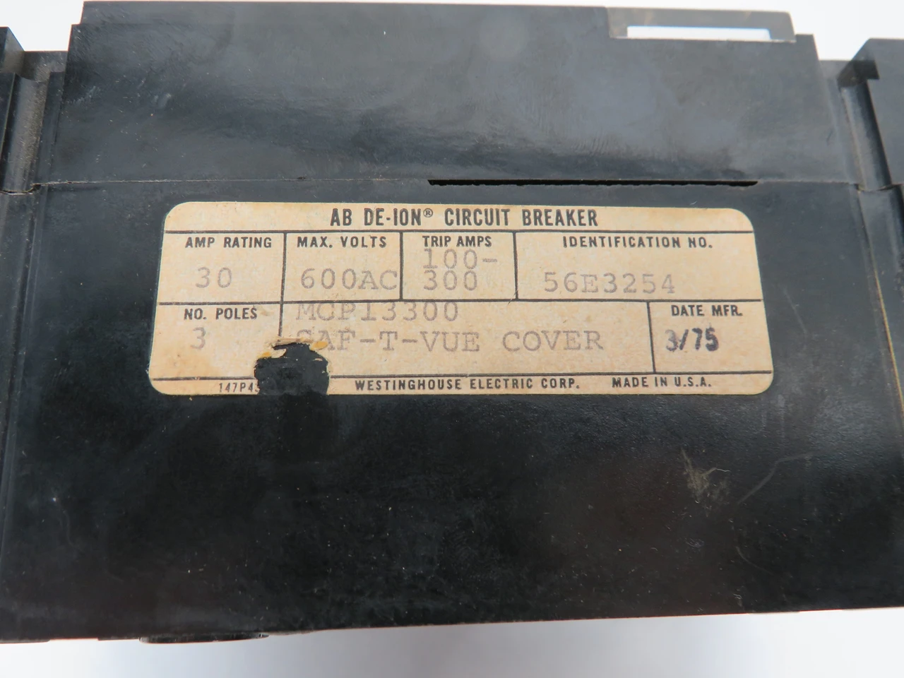 Westinghouse MCP13300 Circuit Breaker 30A 600VAC 3-Pole SHELF WEAR USED