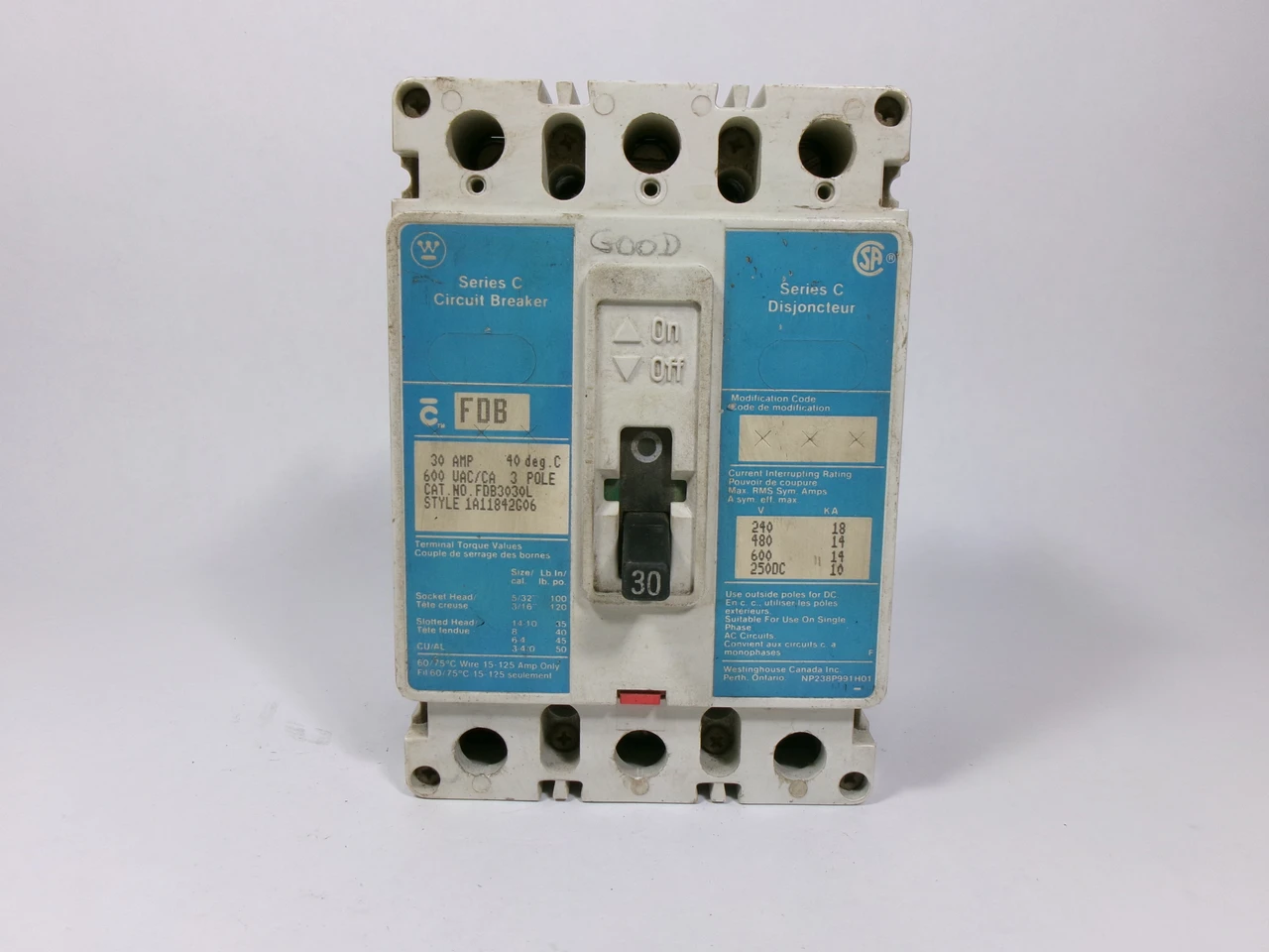Westinghouse FDB3030L Series C Circuit Breaker 30A 600VAC 3-Pole 1A11842G06 USED