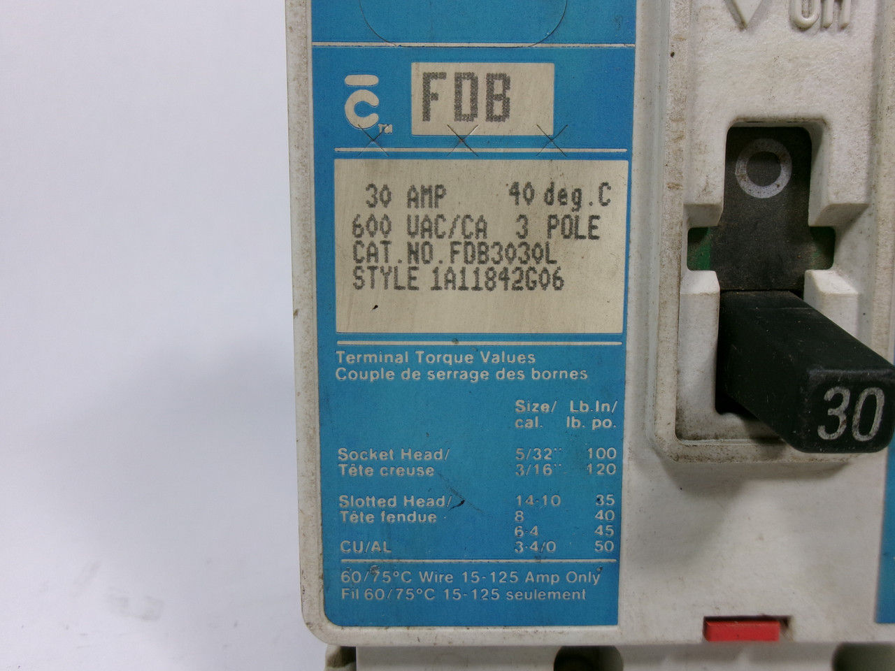 Westinghouse FDB3030L Series C Circuit Breaker 30A 600VAC 3-Pole 1A11842G06 USED