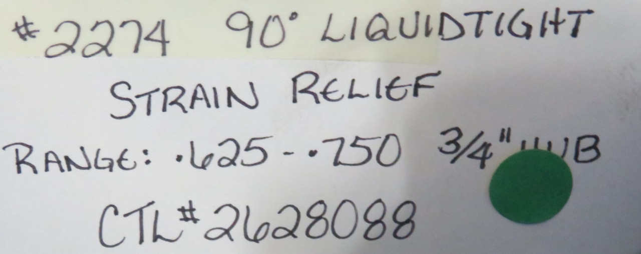 Thomas & Betts 2274 90-Deg Strain Relief Fitting 3/4" .625 - .750 Range NOP
