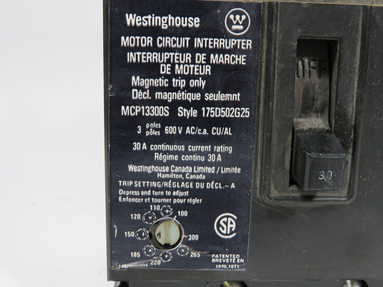Westinghouse MCP13300S Circuit Breaker 30A 600VAC 3 Pole SHELF WEAR USED